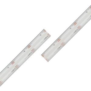 Two EnoLED UniColor Series RGB+CCT COB IP67 High CRI LED Strips (24V) arranged diagonally on a white background, showcasing visible copper connections and embedded LED chips for vibrant, smooth illumination.