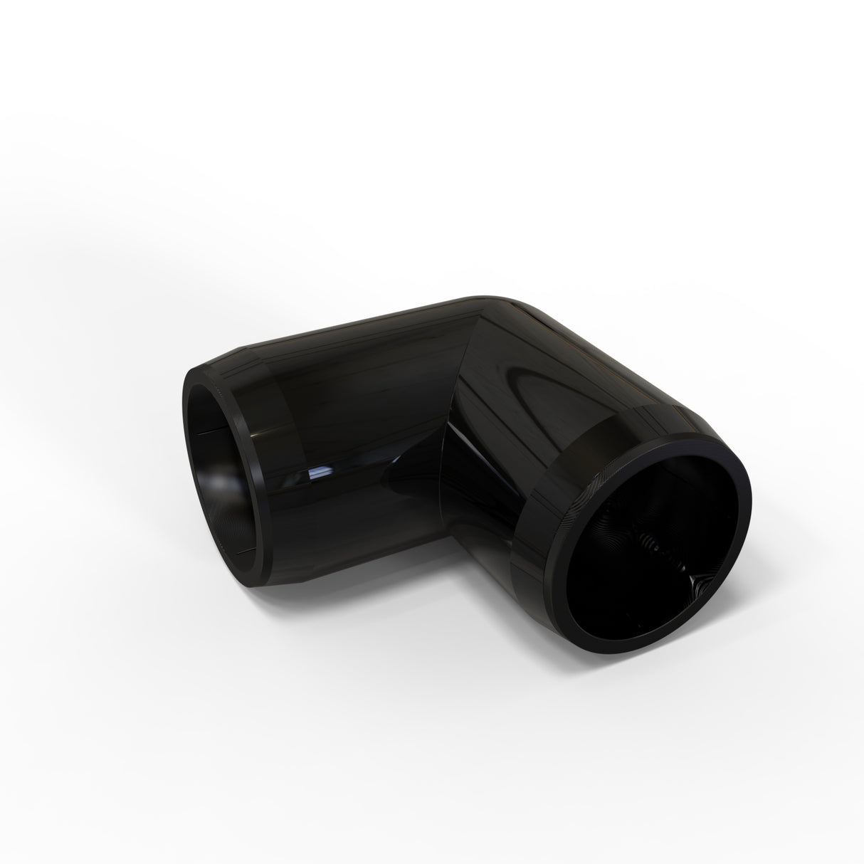A black, glossy Structural PVC Joiner for Sierra38 Tube Profile is shown on a white background. This 90-degree elbow fitting connects pipes at a right angle and is ideal for lighting installation accessories.