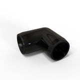 A black, glossy Structural PVC Joiner for Sierra38 Tube Profile is shown on a white background. This 90-degree elbow fitting connects pipes at a right angle and is ideal for lighting installation accessories.