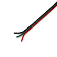 The 3-Core 18 AWG PVC Flat Ribbon Wire for Tunable White LED Strip, shown with black, green, and red insulated wires exposing tinned copper ends on a white background, is perfect for flat conductor electrical applications.