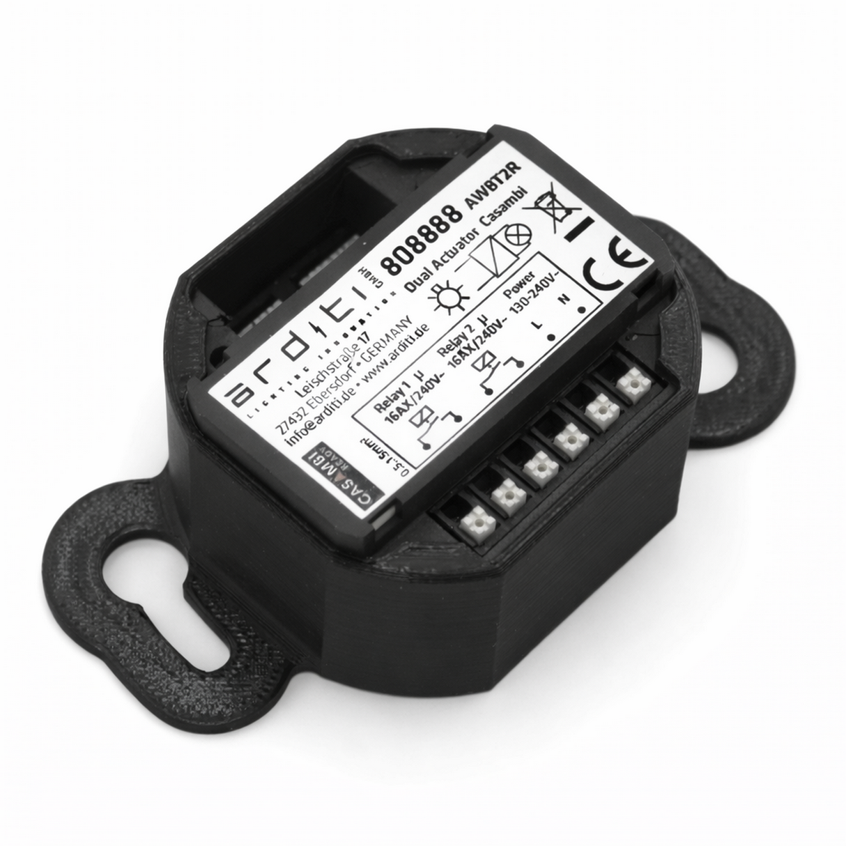 A mounting bracket designed for the Casambi Smart Relay, featuring terminal screw openings, dual side mounting holes, and space for a labeled relay showing brand, model, voltage specs, and certification symbols.