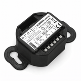 A mounting bracket designed for the Casambi Smart Relay, featuring terminal screw openings, dual side mounting holes, and space for a labeled relay showing brand, model, voltage specs, and certification symbols.
