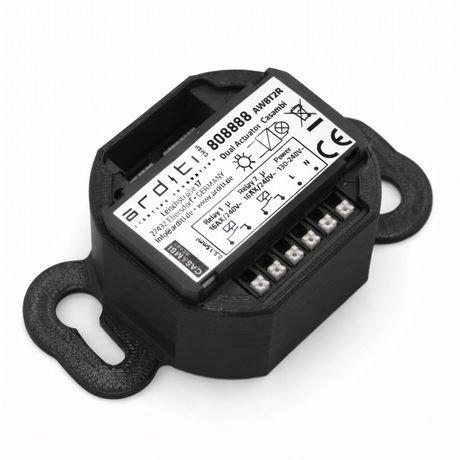 A mounting bracket designed for the Casambi Smart Relay, featuring terminal screw openings, dual side mounting holes, and space for a labeled relay showing brand, model, voltage specs, and certification symbols.