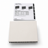 A beige rectangular electronic device, identified as the Single-Zone Dimming Interface Lutron Phase-Adaptive Power Module (Model PHPM-PA-120-WH), sits below a sheet of installation instructions for Lutron Power Modules, which includes diagrams and a chart of module characteristics for controlling LED dimmers and 120 V lighting loads.