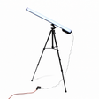 A Portable Long Range Casambi RGBW Tube Light is mounted diagonally on a black tripod stand, plugged in with a power cable and orange extension cord on the floor, creating an ideal wireless stage lighting setup against a white background.