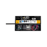 5-in-1 Dimmable J-Box LED Driver (24V) from the EnoLED JPro Series—a rectangular electrical box featuring a yellow and black label, with wiring and components visible inside its open lower compartment—designed as a universal LED power supply for architectural lighting applications.