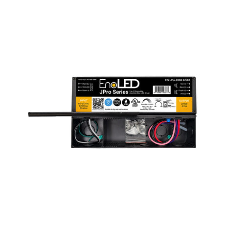 5-in-1 Dimmable J-Box LED Driver (24V) from the EnoLED JPro Series—a rectangular electrical box featuring a yellow and black label, with wiring and components visible inside its open lower compartment—designed as a universal LED power supply for architectural lighting applications.