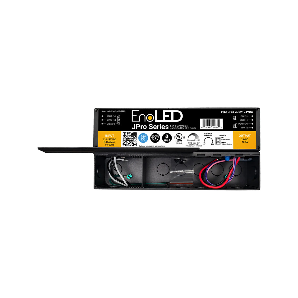 5-in-1 Dimmable J-Box LED Driver (24V) from the Enoled JPro Series, featuring a black casing and open cover that reveals clearly labeled internal wiring and components for input, ground, and output on its yellow and black exterior—perfectly suited for architectural lighting applications.