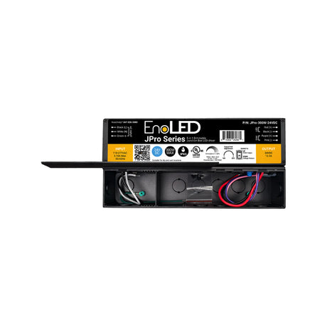 5-in-1 Dimmable J-Box LED Driver (24V) from the Enoled JPro Series, featuring a black casing and open cover that reveals clearly labeled internal wiring and components for input, ground, and output on its yellow and black exterior—perfectly suited for architectural lighting applications.