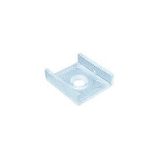 The Mounting Clip for Milano Slim Profile is a small, transparent ABS bracket with raised edges and a central circular hole, designed to securely fix objects or hardware. Shown on a plain white background.