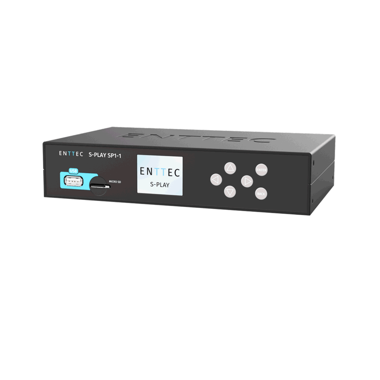 A black Professional 32-Universe DMX Show Controller, Enttec S-Play SP1-1, featuring a small display, control buttons, SD card slot, and labeled ports on the front panel.