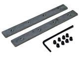 Two rectangular Flat Coupler Brackets for TL-041 Profile with threaded holes, an L-shaped hex key, and ten small black set screws are displayed on a white background.