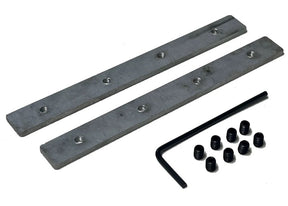 Two rectangular Flat Coupler Brackets for TL-041 Profile with threaded holes, an L-shaped hex key, and ten small black set screws are displayed on a white background.
