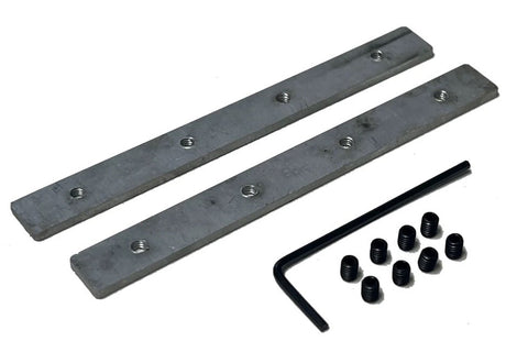 Two rectangular Flat Coupler Brackets for TL-041 Profile with threaded holes, an L-shaped hex key, and ten small black set screws are displayed on a white background.