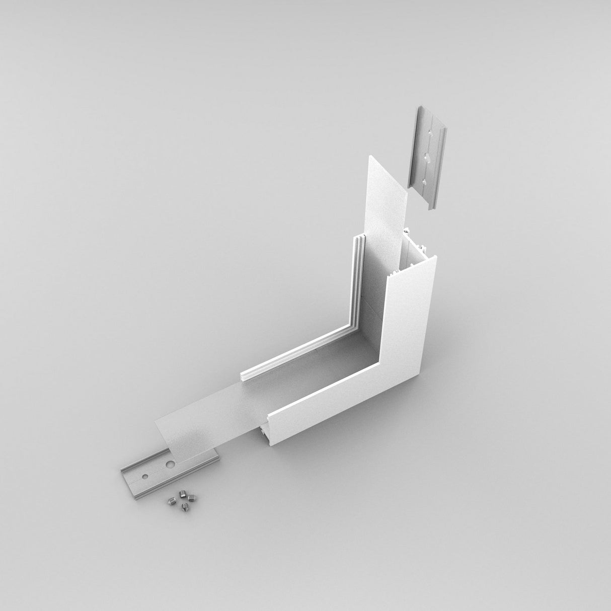 A 3D render of a segmented, L-shaped metal bracket assembly—identified as the 90 Degree Perpendicular Connector for Vario30-02 Profile—serves as a 90-degree corner connector, shown with three screws nearby on a plain light gray background. This assembly is specifically designed for compatibility with the Vario30-02 profile, making it an ideal kit for precise construction projects.