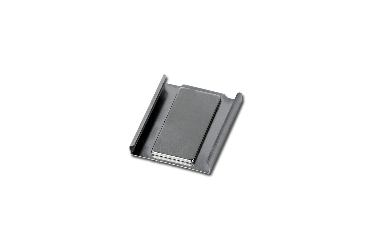 Magnetic Holders for LED Profiles with a simple, rectangular silver metal design are displayed on a white background.