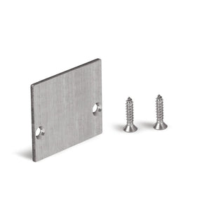 An End Cap for HR-MAX-T Complementary Profile, rectangular and stainless steel with two holes, pictured beside two silver screws on a white background.