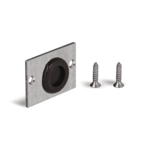 A rectangular stainless steel End Cap for HR-MAX-TW Complementary Profile with a circular black rubber center and two screw holes, displayed beside two silver screws on a white background. Model: HR-MAX-TW.