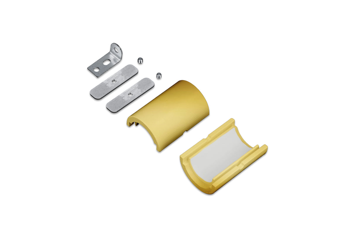 An exploded view of the End Holder for Arc12 Duo Profile, featuring a yellow, curved metal clamp, two screws, two flat metal pieces, and a small end holder bracket neatly arranged on a white background to display all compatible components.