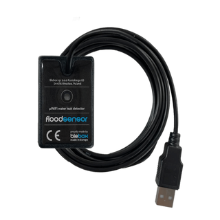 A black, WiFi-enabled floodSensor by BleBox with USB connector and coiled cable provides reliable water leak detection.