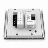 A close-up of a Single-Zone Dimming Interface Lutron Phase-Adaptive Power Module (Model PHPM-PA-120-WH) shows its electrical wall-mounted control panel with labeled terminals (H/L, N, DH) and a white sticker detailing specifications and instructions. The unit, suitable for 120 V lighting loads or compatible devices such as LED dimmers, is set against a plain white background.