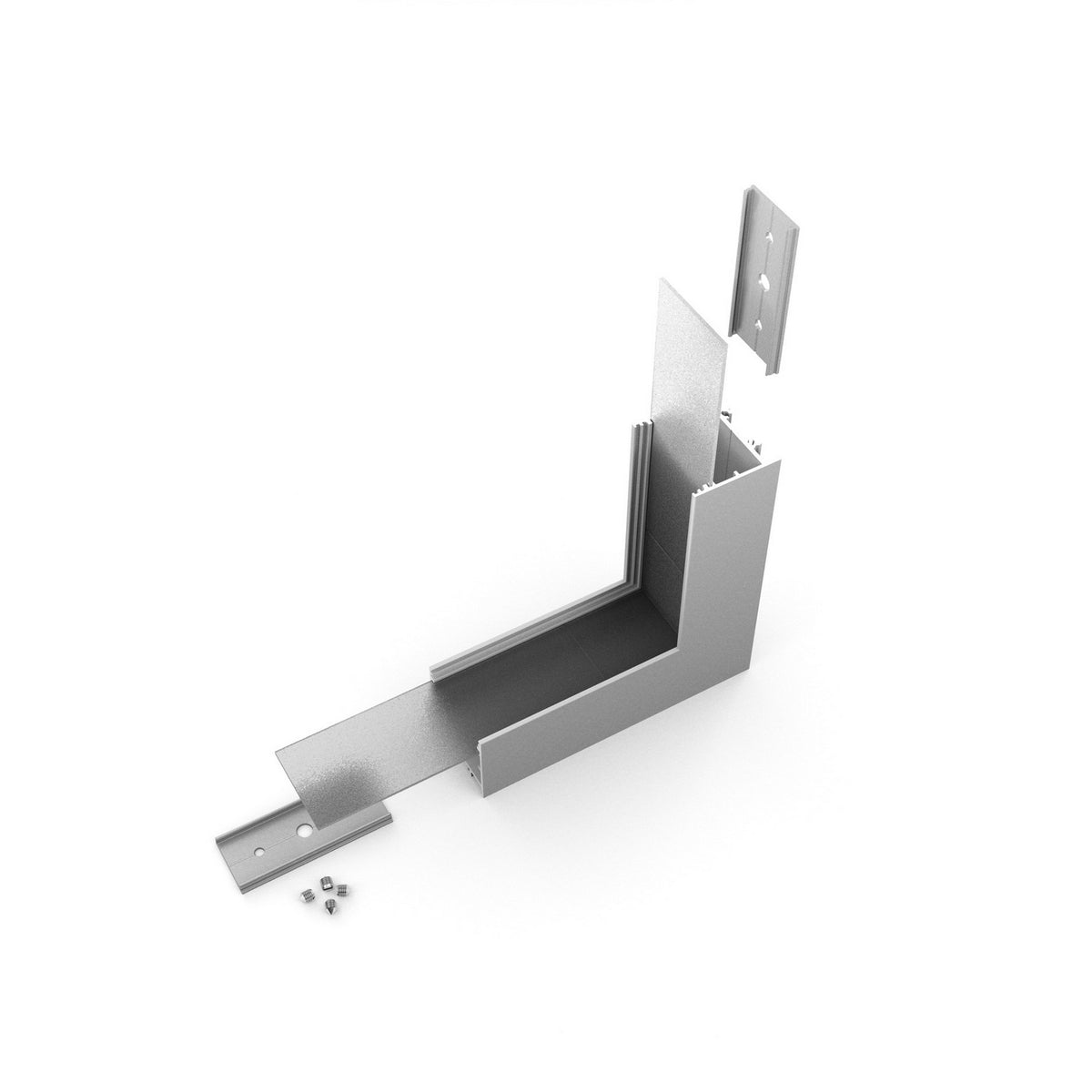 A 90 Degree Perpendicular Connector for Vario30-02 Profile—silver metal assembly with screws—is displayed at an angle on a white background. The parts, including the corner connector, are separated to show how they fit together.