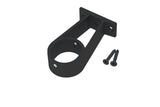 The Extension Arm for Oval20 Profile, a black metal wall bracket with an extension arm and circular holder, featuring three screw holes on its mounting plate, is shown next to two black screws on a white background.