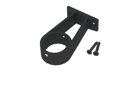 The Extension Arm for Oval20 Profile, a black metal wall bracket with an extension arm and circular holder, featuring three screw holes on its mounting plate, is shown next to two black screws on a white background.