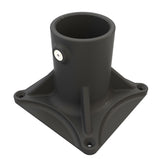 The Plastic Base for Sierra38 Round Profile is a black, cylindrical fitting with a square base and four mounting holes, ideal for surface mounting. It features a side metal insert and suits Sierra38 profiles or LED strip installations.