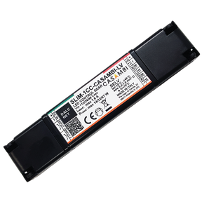 A rectangular black Slimline 1-Channel Constant Current LED Dimmer with LensVector (Model SLIM-1CC-CASAMBI-LV) features a white top label showing product details, specs, warning icons, text, symbols, and barcodes.
