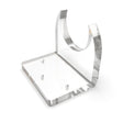 The Plastic Mounting Bracket for 2.56" Round Profiles is a clear acrylic stand with a flat base, U-shaped upright holder, and three small cylindrical pegs for stability or alignment. Made in the USA.