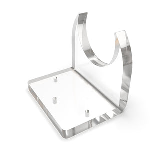 The Plastic Mounting Bracket for 2.56" Round Profiles is a clear acrylic stand with a flat base, U-shaped upright holder, and three small cylindrical pegs for stability or alignment. Made in the USA.