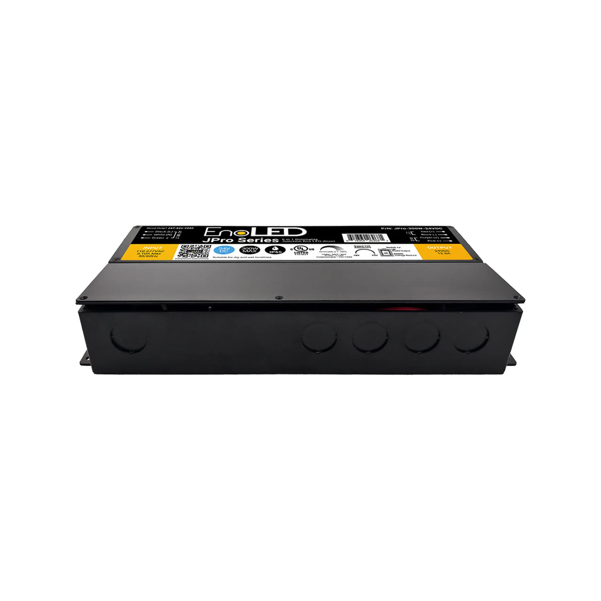 A black 5-in-1 Dimmable J-Box LED Driver (24V) from the Enoled JPro Series, serving as a dimmable LED power supply, rectangular in shape with a yellow and white label on top, shown from the front against a white background.