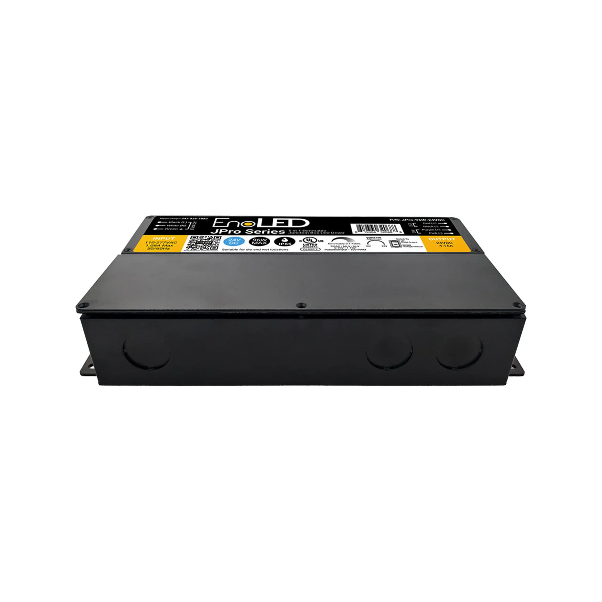 A black rectangular 5-in-1 Dimmable J-Box LED Driver (24V) from the Enoled JPro Series features a yellow and black label on top displaying the brand name and technical information, set against a white background.