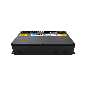 A black rectangular 5-in-1 Dimmable J-Box LED Driver (24V) from the Enoled JPro Series features a yellow and black label on top displaying the brand name and technical information, set against a white background.