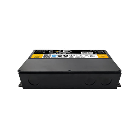 A black rectangular 5-in-1 Dimmable J-Box LED Driver (24V) from the Enoled JPro Series features a yellow and black label on top displaying the brand name and technical information, set against a white background.