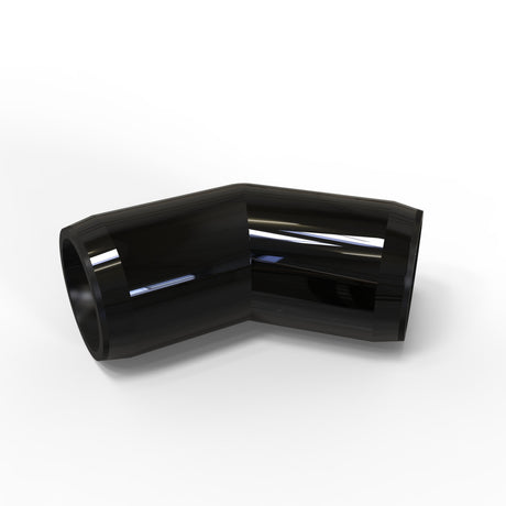 A glossy black Structural PVC Joiner for Oslo Round Profiles with a 45-degree bend, shown on a white background. Its smooth, shiny surface reflects light—ideal as a plastic connector in custom lighting structures.