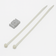 Two white plastic zip ties and a small, rectangular gray polycarbonate Suspension Clip for Neon 360 Series with a center hole are shown on a plain white background—ideal for securely mounting your Neon 360 profile.