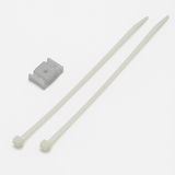 Two white plastic zip ties and a small, rectangular gray polycarbonate Suspension Clip for Neon 360 Series with a center hole are shown on a plain white background—ideal for securely mounting your Neon 360 profile.