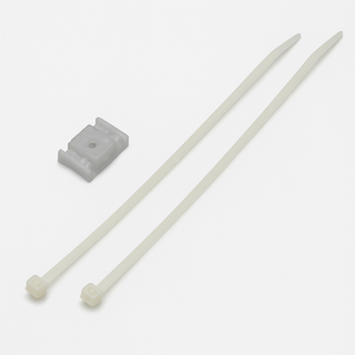 Two white plastic zip ties and a small, rectangular gray polycarbonate Suspension Clip for Neon 360 Series with a center hole are shown on a plain white background—ideal for securely mounting your Neon 360 profile.