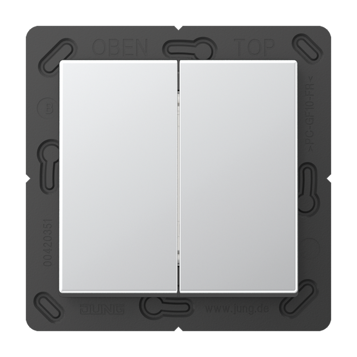A close-up of the Casambi 4-Channel Wireless Radio Transmitter (Jung BLE A 595) shows two rectangular white buttons on a black frame labeled OBEN and TOP, featuring Bluetooth Low Energy for smart connectivity.