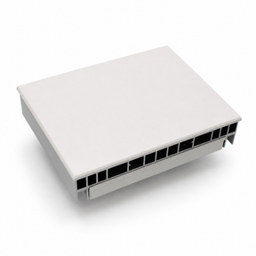 A rectangular, gray plastic vent cover with multiple horizontal slats and a flat top—resembling the sleek housing of the Lutron Single-Zone Dimming Interface Phase-Adaptive Power Module (Model PHPM-PA-120-WH) for 120 V lighting loads—is photographed against a white background.