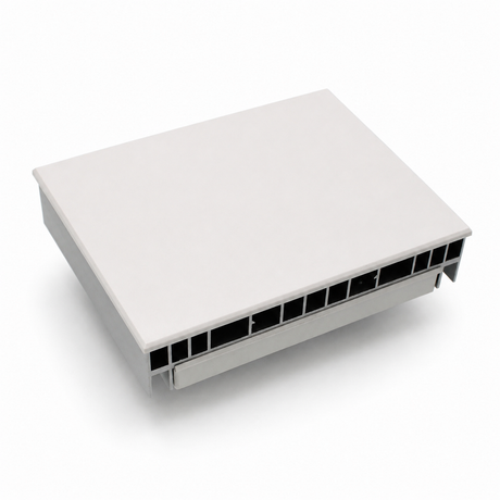 A rectangular, gray plastic vent cover with multiple horizontal slats and a flat top—resembling the sleek housing of the Lutron Single-Zone Dimming Interface Phase-Adaptive Power Module (Model PHPM-PA-120-WH) for 120 V lighting loads—is photographed against a white background.