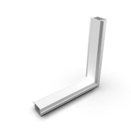 The 90 Degree Connector for Berlin Profile is a white, L-shaped bracket with a hollow rectangular profile, shown upright on a white background—perfect as an LED channel connector or for use in corner piece kits.