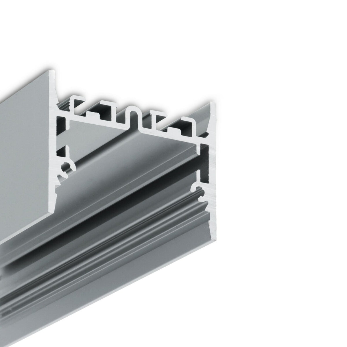 Close-up of the 1.73″ Suspended/Surface Mount LED Channel ~ Model Pixel33-01, a silver aluminum extrusion with multiple grooves, ideal for architectural or construction use, isolated on a white background.