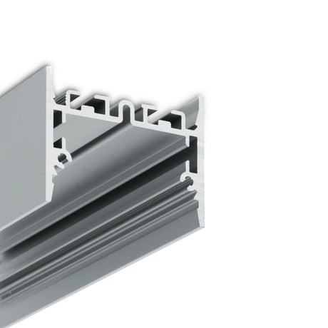 Close-up of the 1.73″ Suspended/Surface Mount LED Channel ~ Model Pixel33-01, a silver aluminum extrusion with multiple grooves, ideal for architectural or construction use, isolated on a white background.