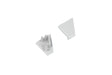 Two small, light gray, triangular plastic End Caps for the Corner10.v2 Profile—one oriented upward to reveal a smooth surface, the other inverted to display pegs and notches on the underside—sit against a white background. These components are designed specifically for use with the Corner10.v2 Profile lighting fixture, providing a clean and secure finish.