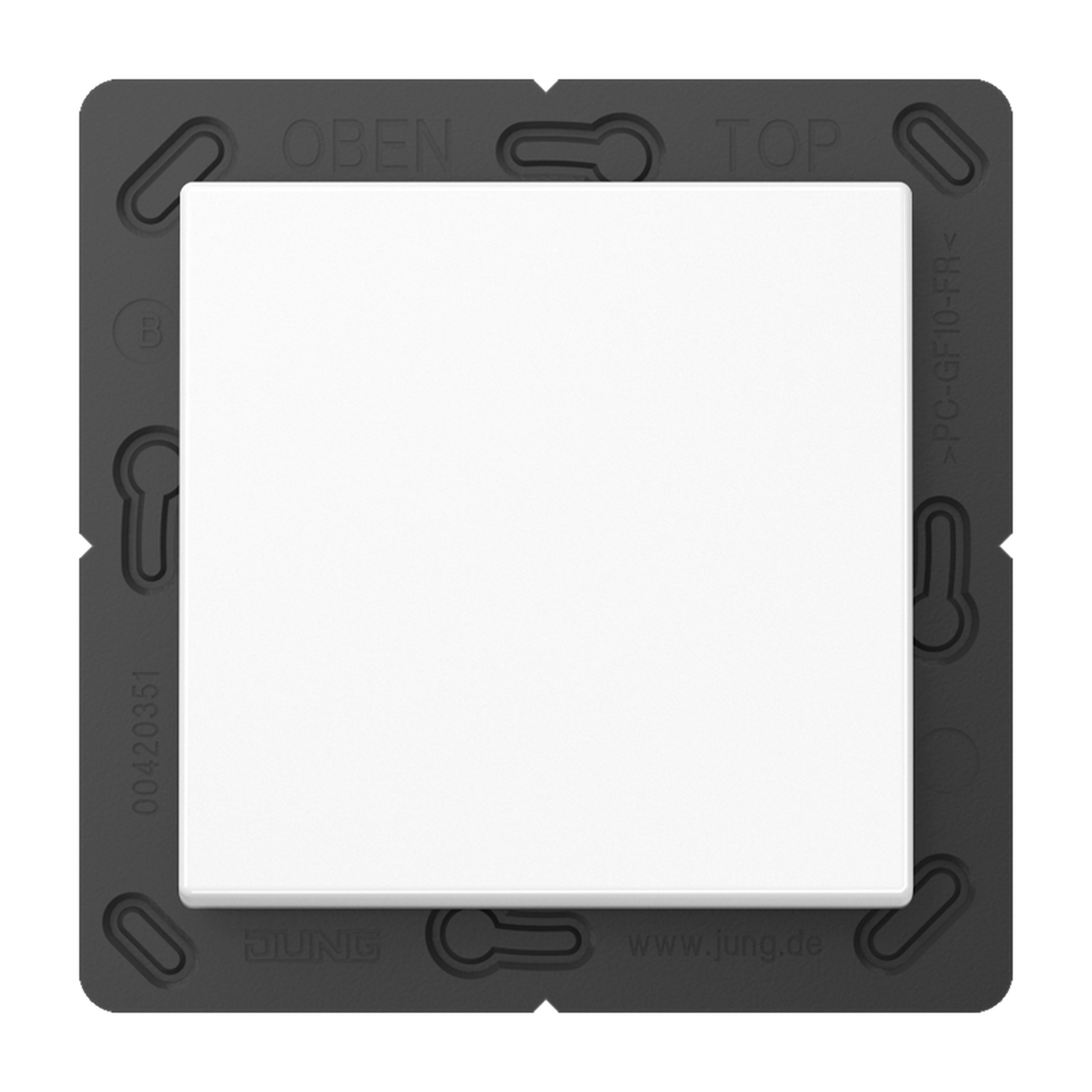 The Casambi 2-Channel Wireless Radio Transmitter, Model Jung BLE A 590, is a white square switch plate centered on a black bracket with rounded corners and visible screw holes, featuring wireless control and OPEN/TOP labels at the top.