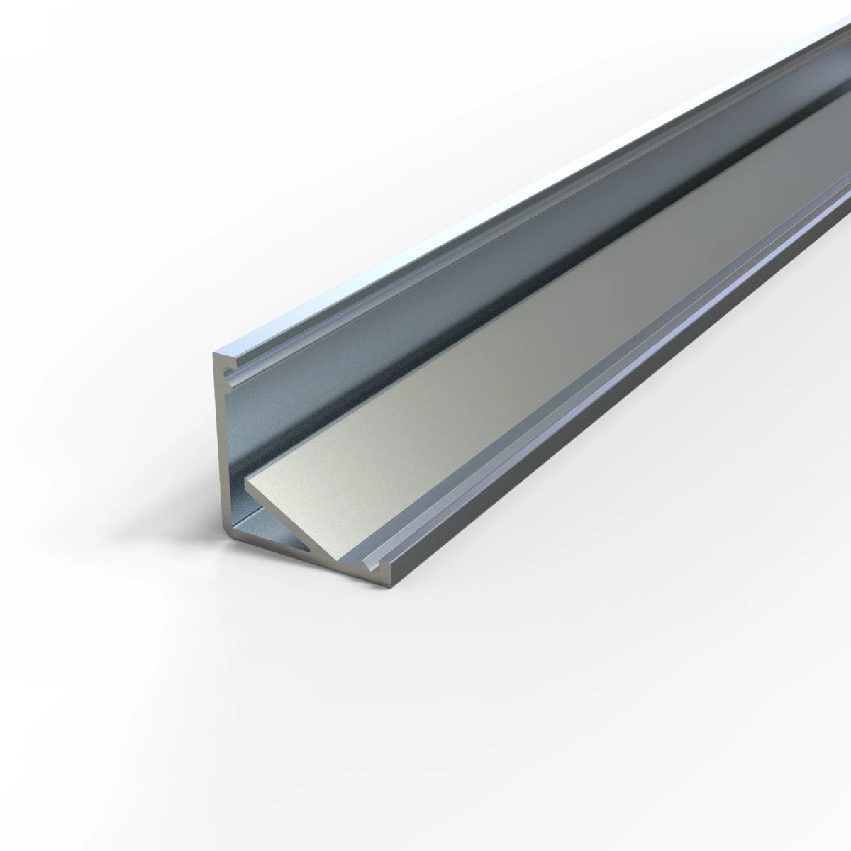 The 30/60 Degree Corner LED Channel ~ Model Cabi12 features a long, silver metal U-shaped design with smooth, reflective surfaces and clean edges—perfect for sleek under-cabinet lighting on a white background.