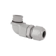 Angular Gland for HR-Max Profile: gray plastic right-angle connector with threaded end and locking nut, provides strain relief and secure cable entry for electrical cables passing through enclosures or panels.